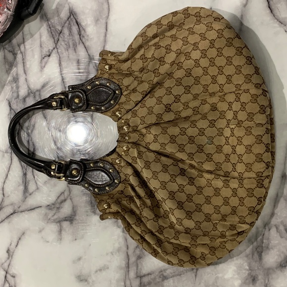 Gucci Tan/Black GG Canvas and Leather Pelham Studded Hobo - Picture 1 of 6